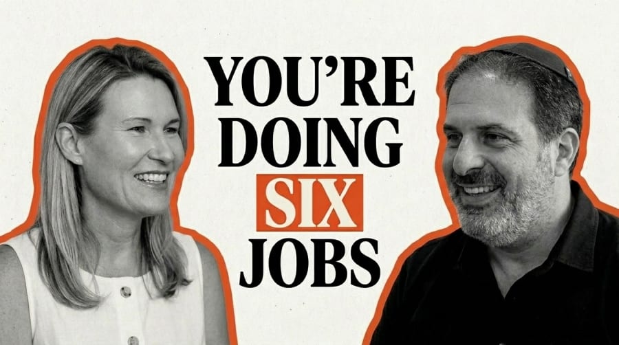 Two smiling people facing each other in a black and white illustration beside the words “You’re doing six jobs”