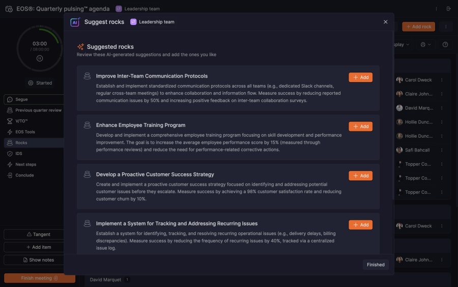 Success.co Ask AI suggesting Rocks in a Quarterly Pulsing meeting, each with a measurable target and an Add button