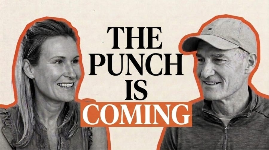 Podcast cover with a smiling woman and a man in a cap either side of the words "The punch is coming"