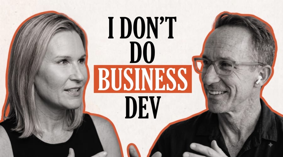 Black and white portraits of two people in conversation beside the title "I don't do business dev"