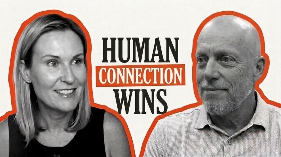 Two people facing each other in a black and white illustration beside the words “Human connection wins”