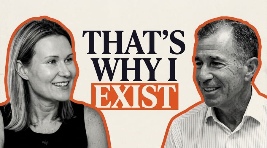 Podcast cover with a smiling woman and man either side of the words "That's why I exist"