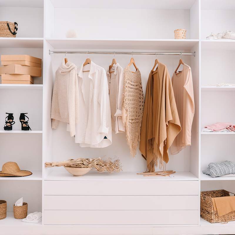 Weisser Kleiderschrank mit Kleidung und Accessoires