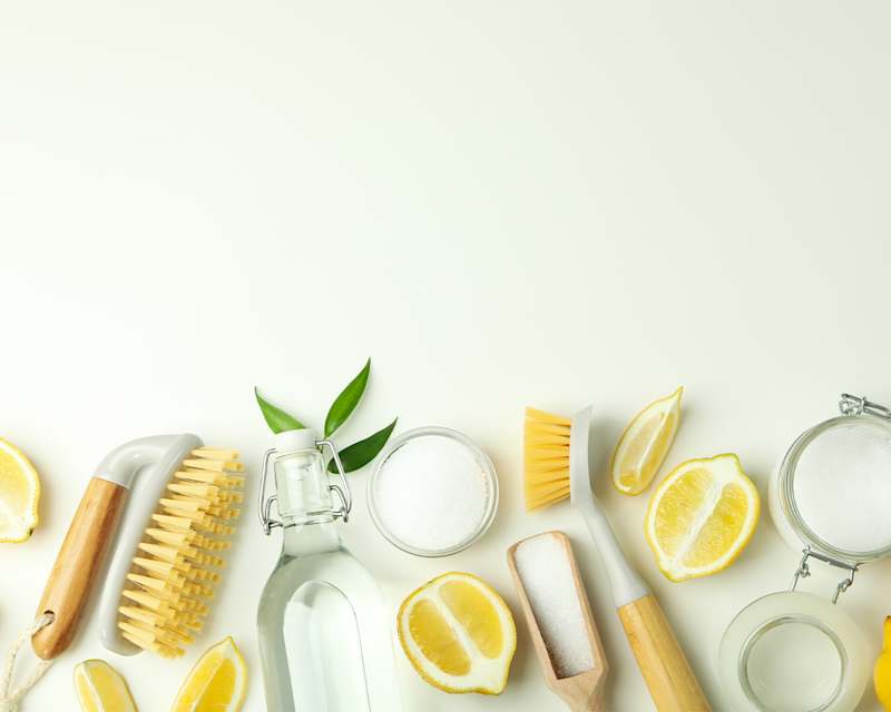 Verschiedene Reinigungsmittel, Putzutensilien und Hausmittel