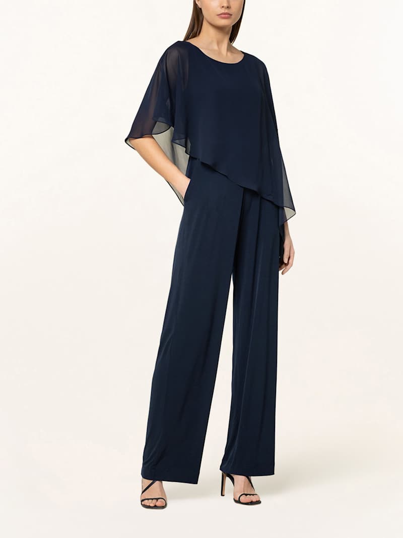 Dunkelblauer Jumpsuit mit asymmetrischem Volant-Oberteil