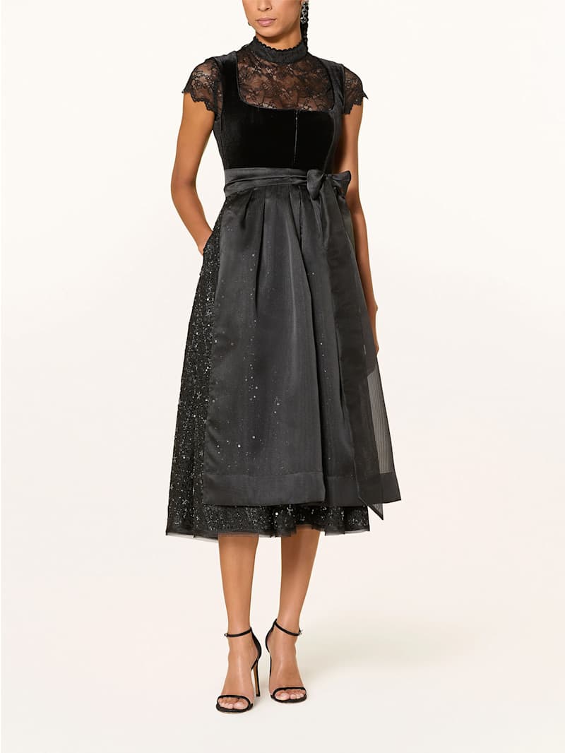 Schwarzes Dirndl mit Pailletten und Spitzenbluse