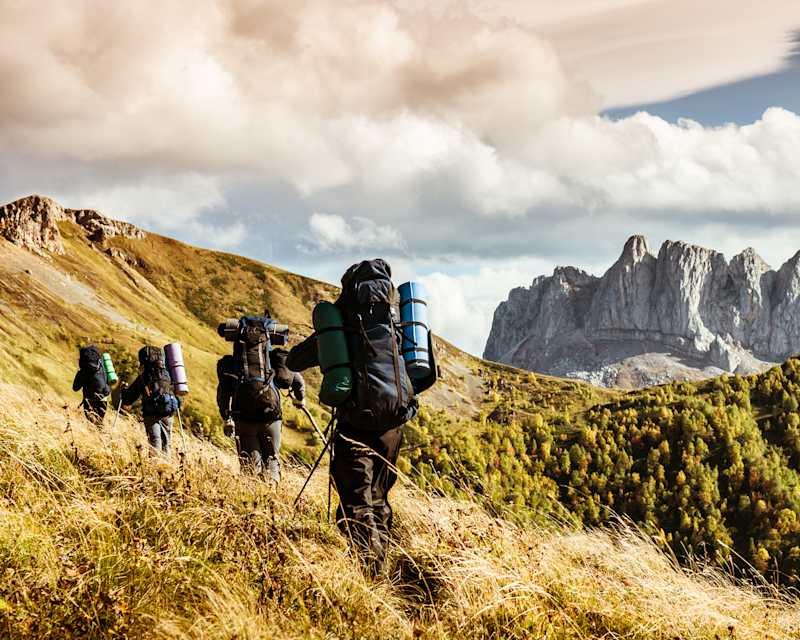 Rückansicht von vier Personen beim Wandern. Sie laufen gemeinsam über eine Wiese, im Hintergrund erheben sich mächtige, teils felsige Berge unter einem wolkigen Himmel.
