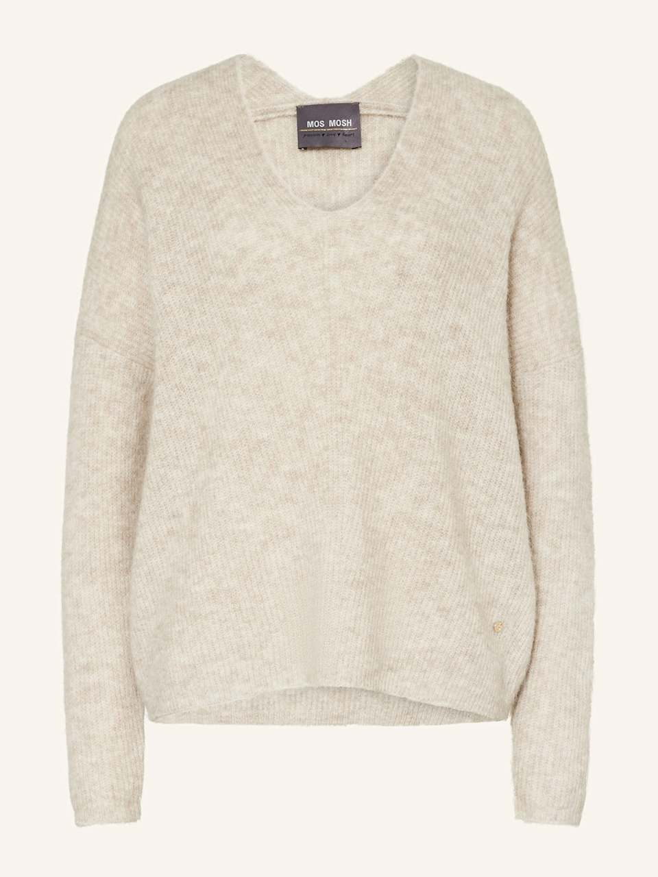 Beige-melierter Feinstrick-Pullover mit V-Ausschnitt