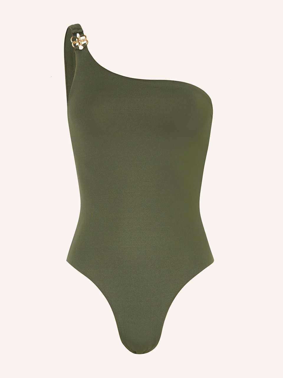 One-Shoulder-Badeanzug in Khaki mit goldenen Details