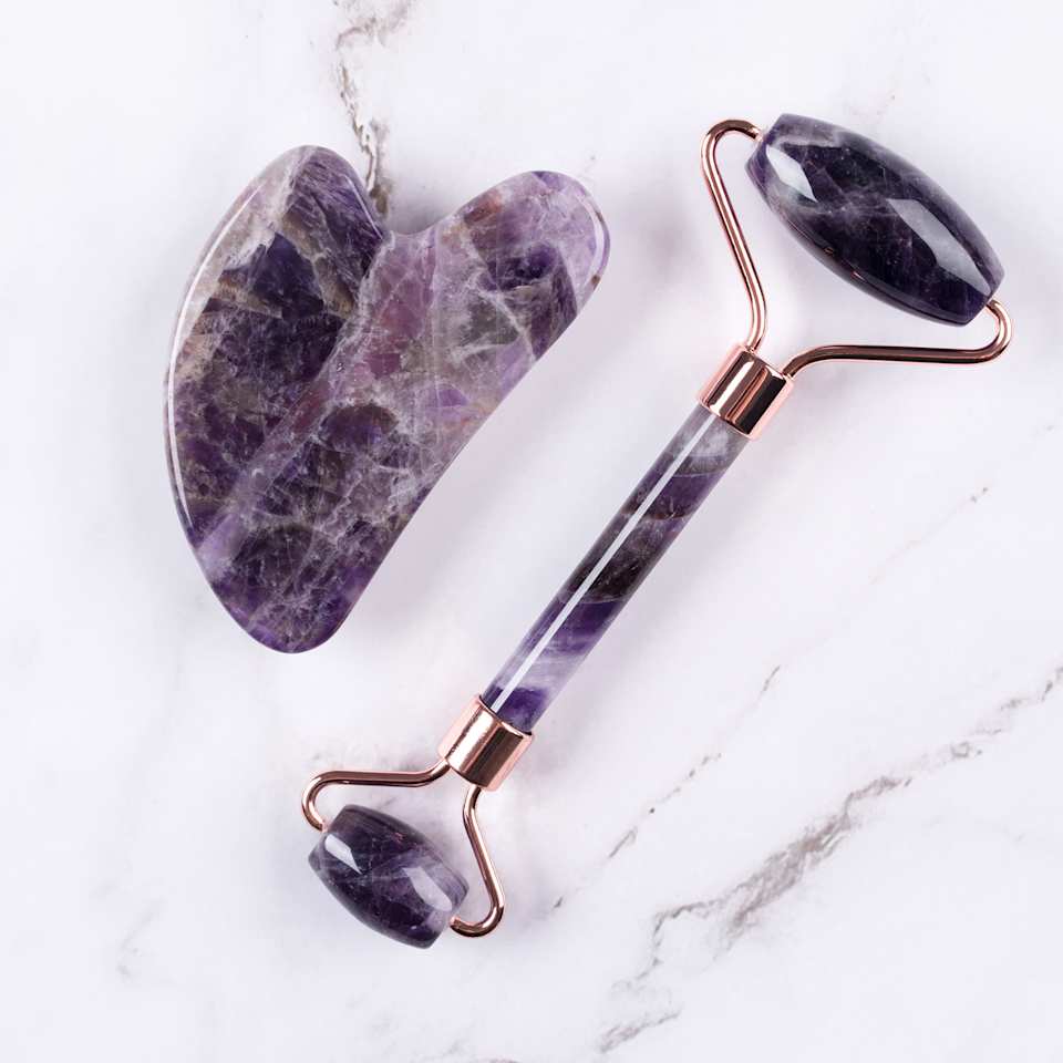 Gua Sha Stein und Roller aus Amethyst
