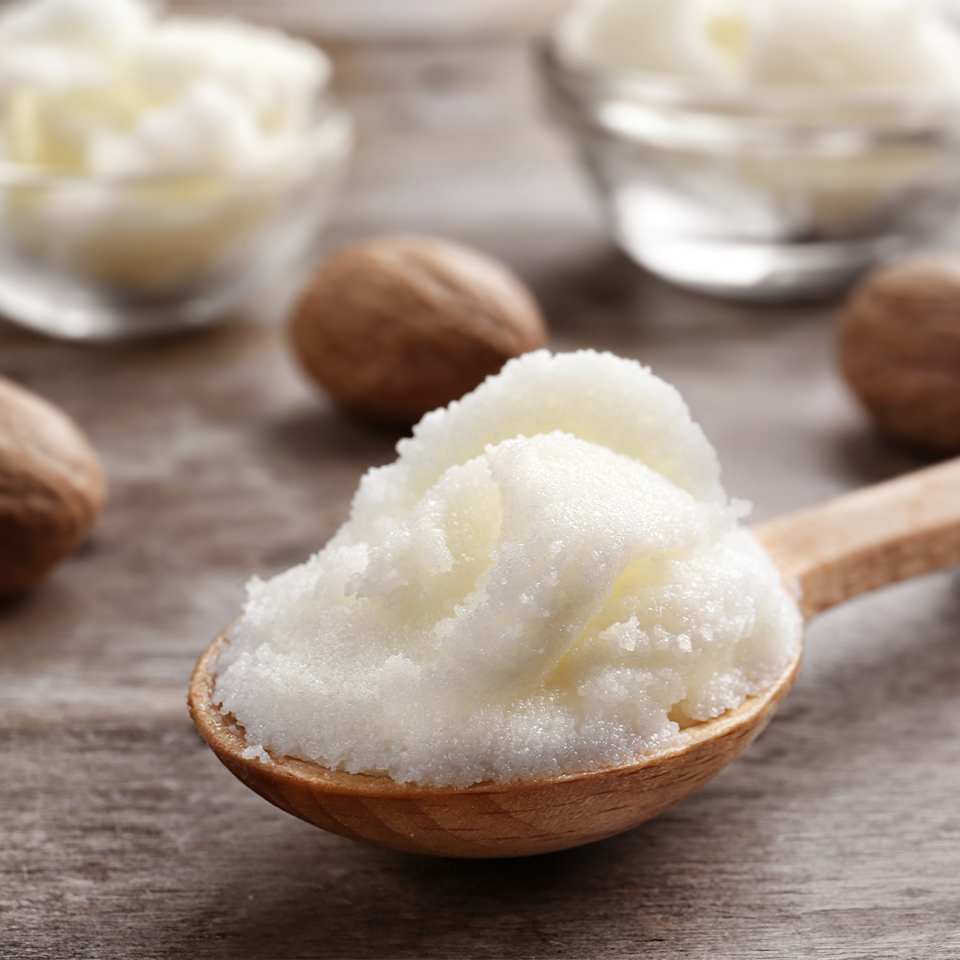 Hölzerner Löffel mit Sheabutter mit Sheanüssen im Hintergrund