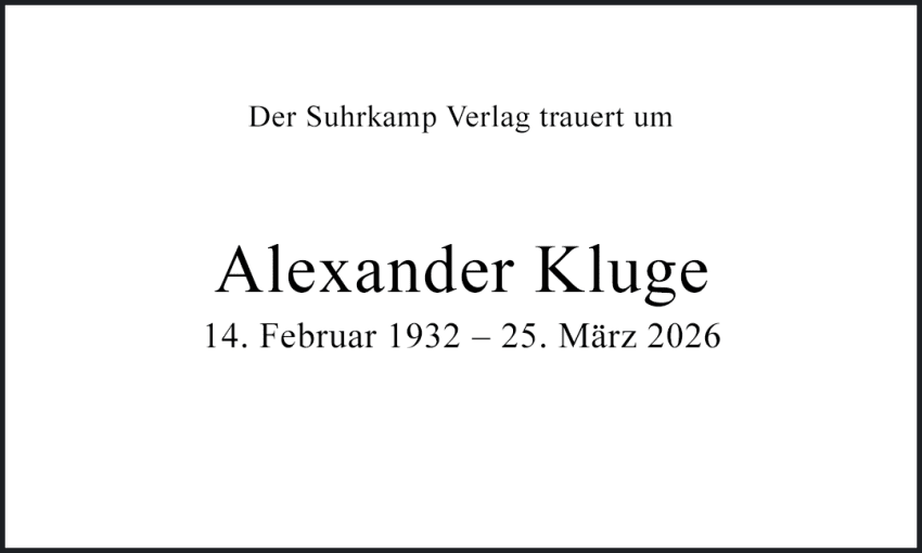 Trauermeldung Alexander Kluge (Startseite)