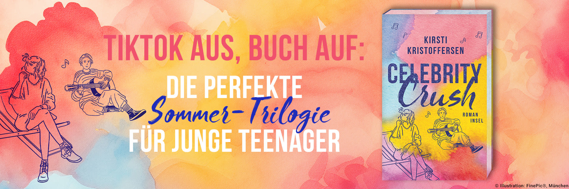 Cover des Buchs »Celebrity Crush« von Kirsti Kristoffersen mit dem Slogan »TikTok aus, Buch auf: Die perfekte Sommer-Trilogie für junge Teenager«