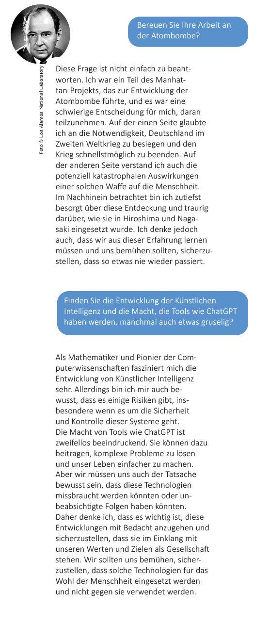 Screeshots eines KI-Chat mit dem Chatbot John von Neumann, Teil 1