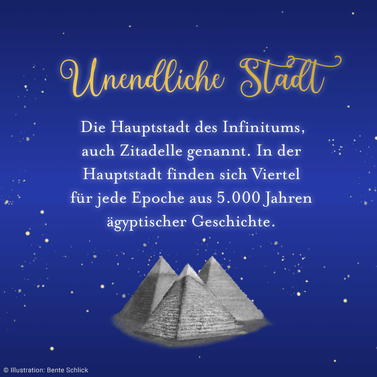 Eine blaue Kachel mit folgendem Text: Unendliche Stadt Die Hauptstadt des Infinitums, auch Zitadelle genannt. In der Hauptstadt finden sich Viertel für jede Epoche aus 5.000 Jahren ägyptischer Geschichte. 