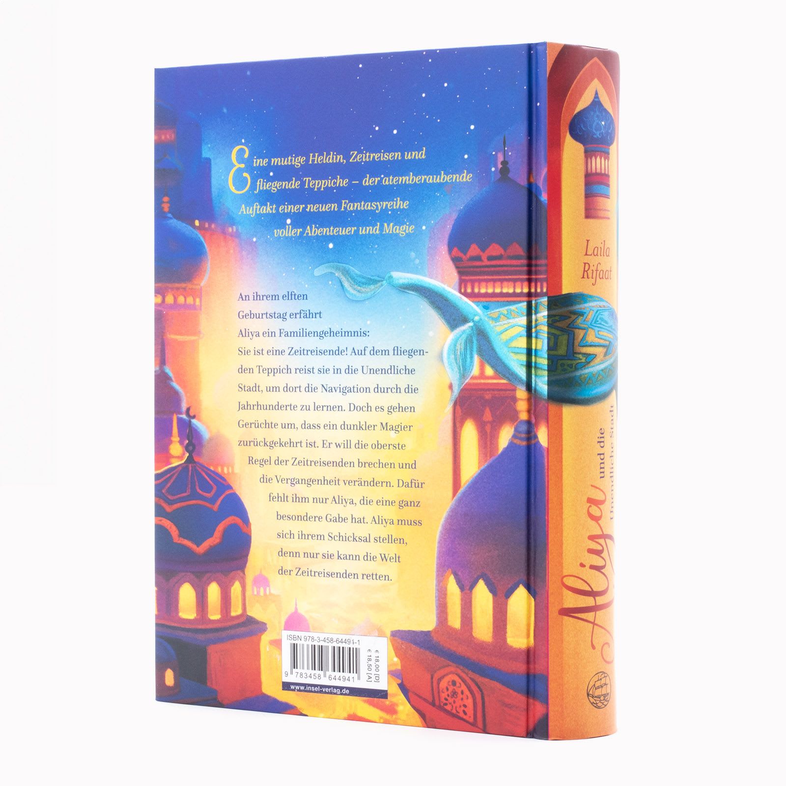 Das Buch »Aliya und die Unendliche Stadt« von Laila Rifaat in Rückansicht.