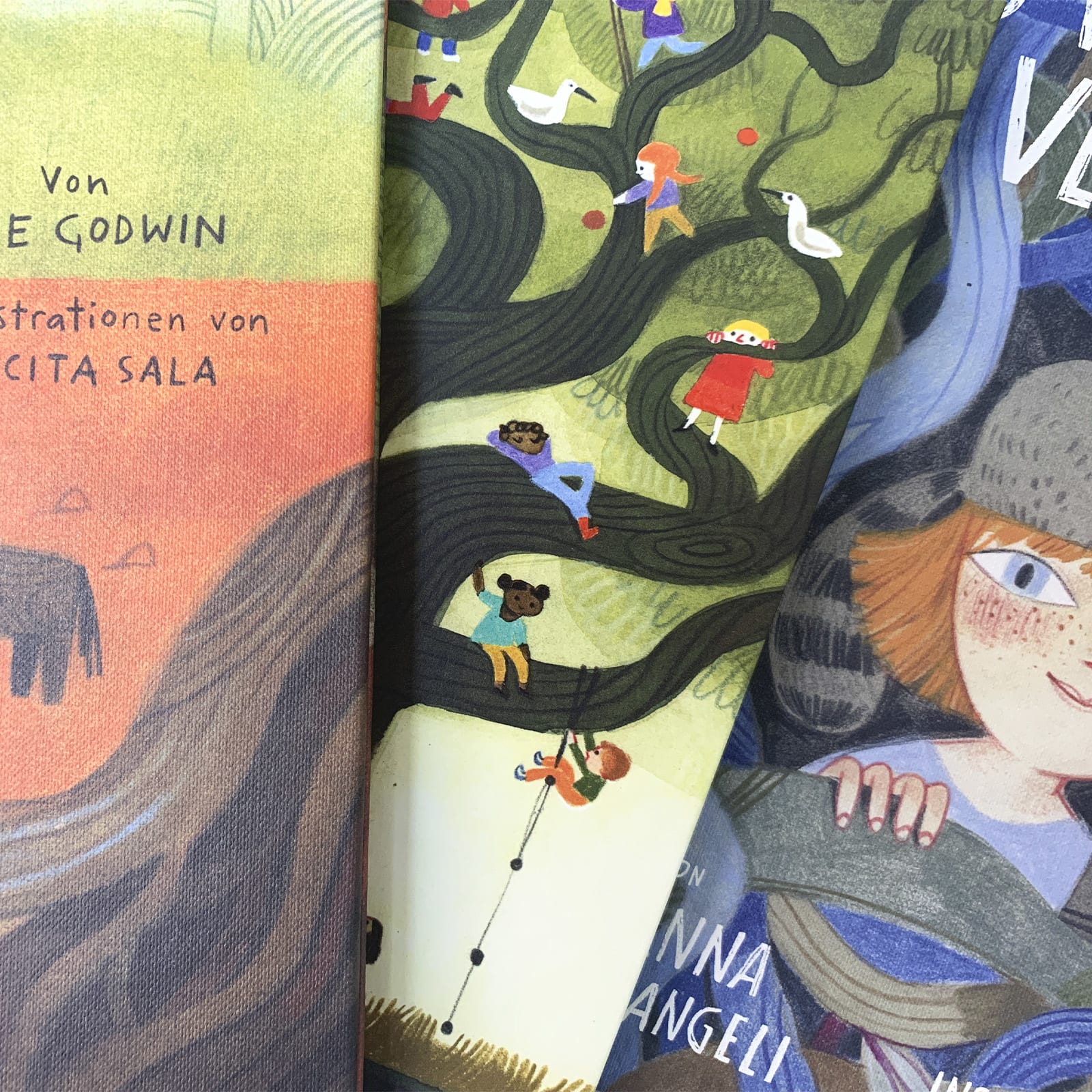 Cover-Ausschnitte der Bücher »Arno und sein Pferd« von Jane Godwin, »Sei wie ein Baum!« von Maria Gianferrari und »Das verwunschene Versteck« von Susanna Mattiangeli