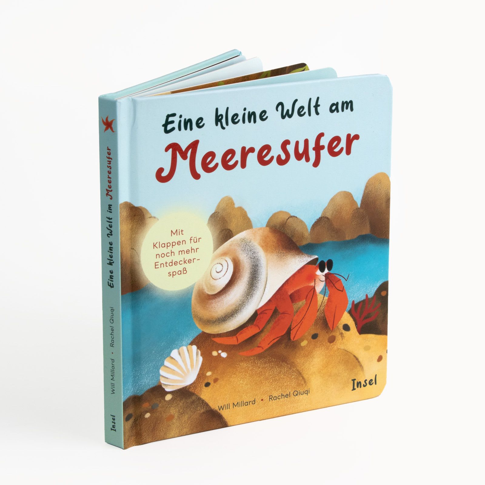 Das Cover des Kinderbuchs »Eine kleine Welt am Meeresufer« von Will Millard. Das Buch zeigt eine farbige Zeichnung eines Einsiedlerkrebses mit Schneckenhaus auf einem sandigen Meeresufer, umgeben von Muscheln und Felsen.
