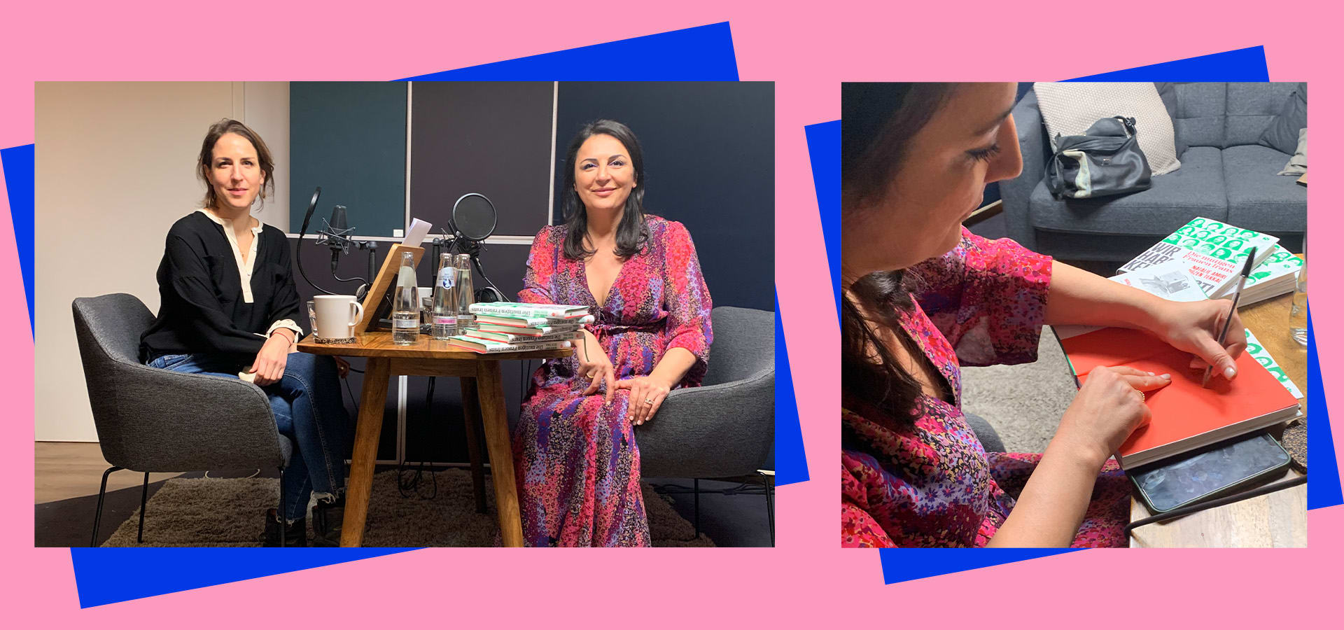 Laura de Weck und Düzen Tekkal sitzen am Studiotisch und nehmen gemeinsam den Podcast »Dichtung & Wahrheit« auf. Auf dem zweiten Foto signiert Düzen Tekkal ihr Buch »Die mutigen Frauen Irans«