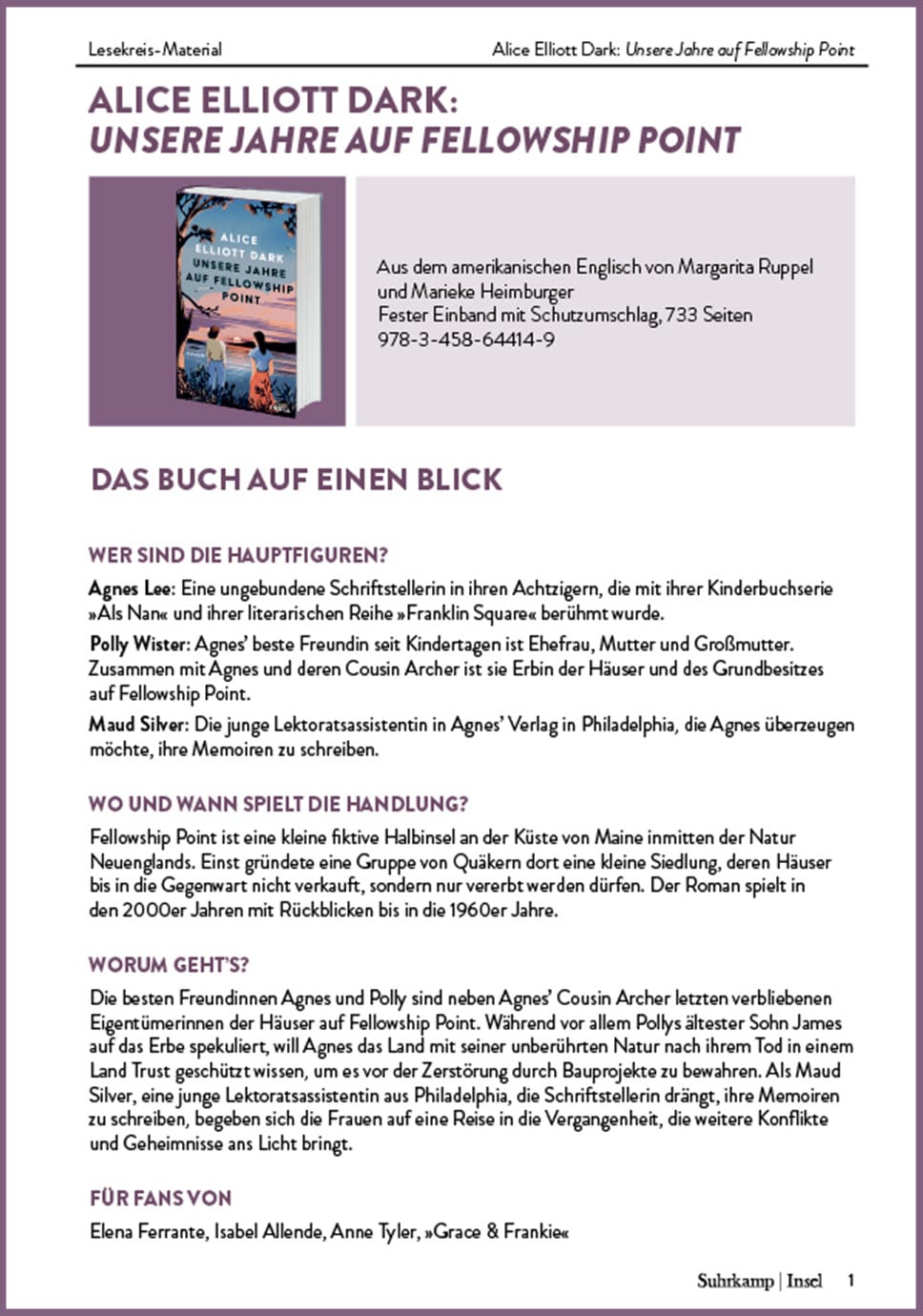 Lesekreis-Material zu "Unsere Jahre auf Fellowship Pont"