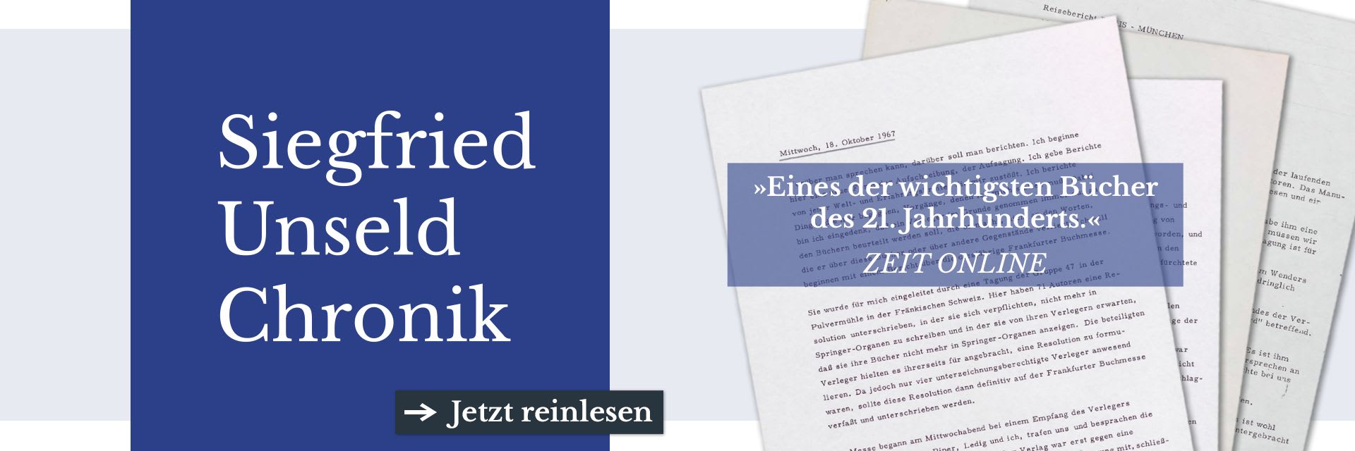 Teaser zur Siegfried Unseld Chronik mit Manuskriptseiten im Hintergrund