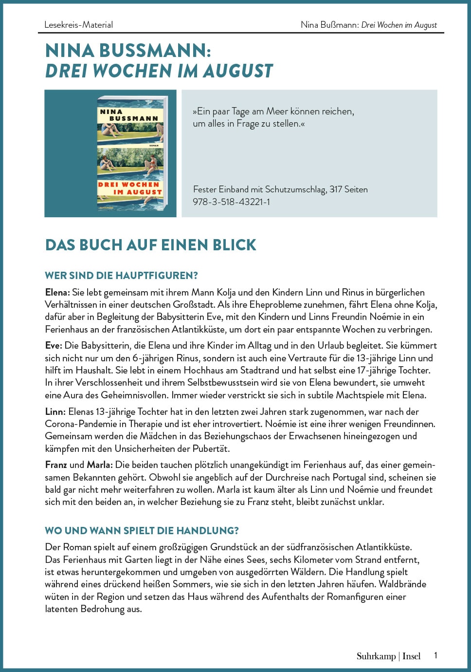 Lesekreis-Material zu "Drei Wochen im August"