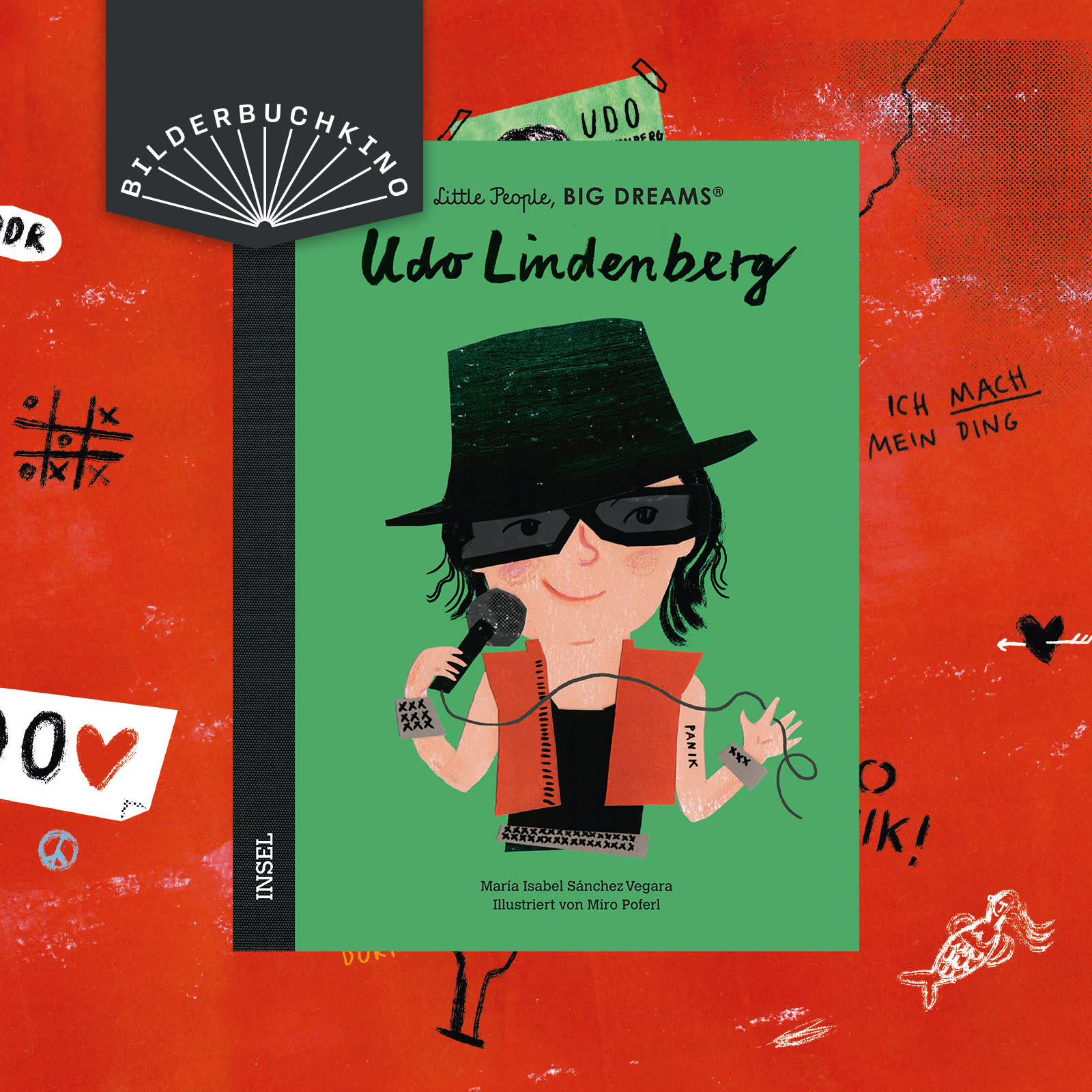 Ein Vorschaubild des Bilderbuchkinos zu »Little People, BIG DREAM: Udo Lindenberg« von María Isabel Sánchez Vegara. Zu sehen ist das Cover des Buchs.