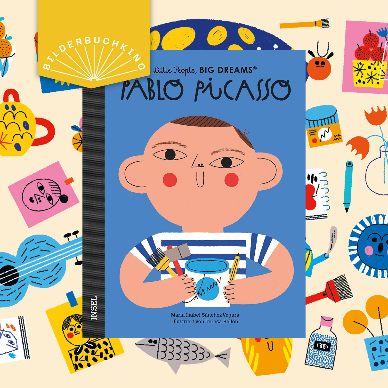 Ein Vorschaubild des Bilderbuchkinos zu »Little People, BIG DREAM: Pablo Picasso« von María Isabel Sánchez Vegara. Zu sehen ist das Cover des Buchs.