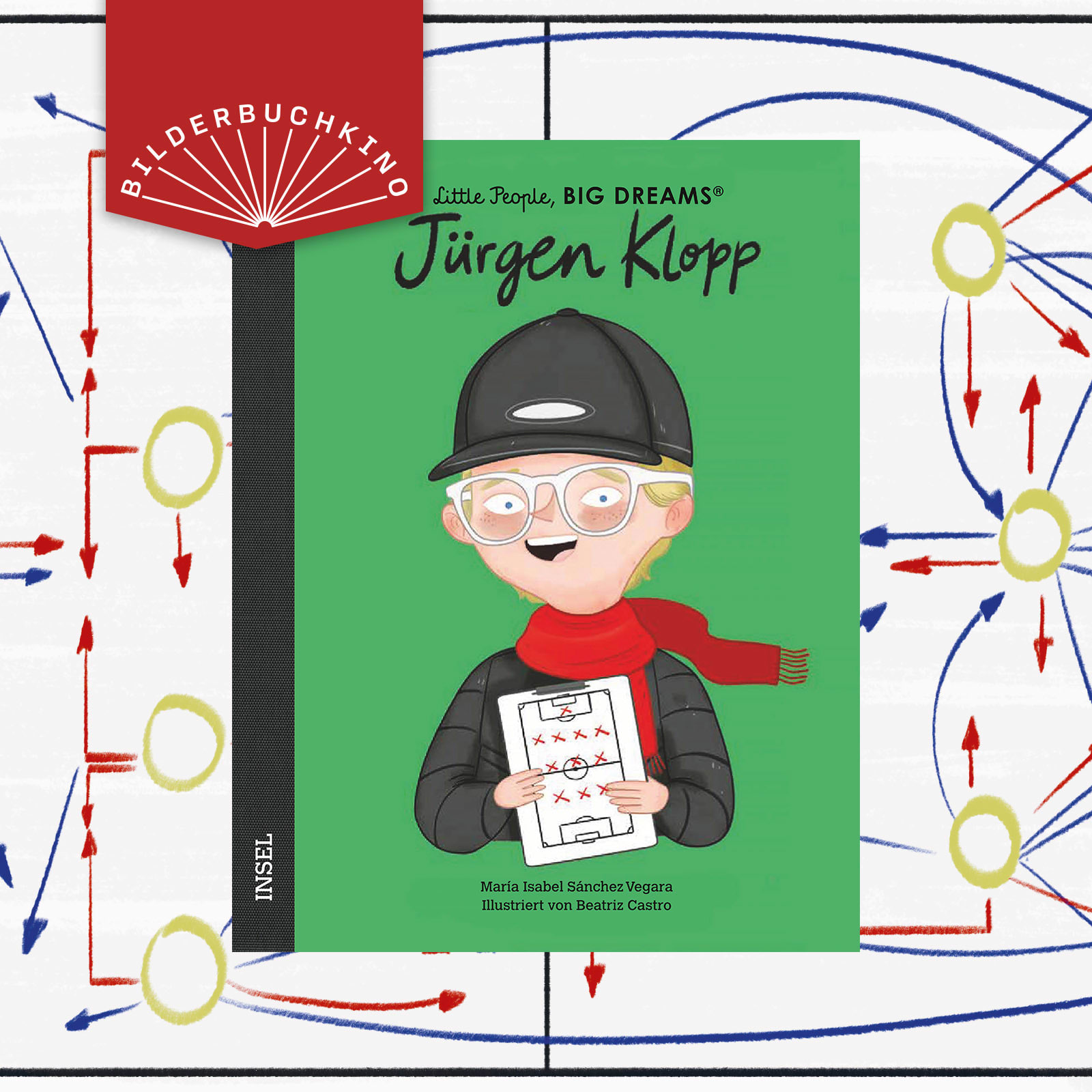 Ein Vorschaubild des Bilderbuchkinos zu »Little People, BIG DREAM: Jürgen Klopp« von María Isabel Sánchez Vegara. Zu sehen ist das Cover des Buchs.