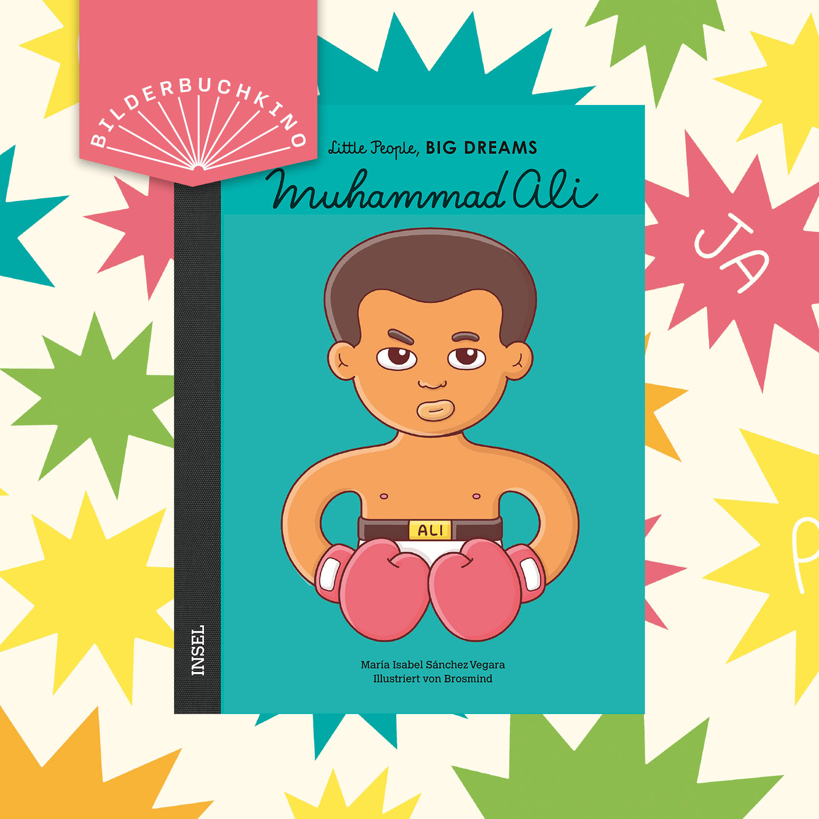 Ein Vorschaubild des Bilderbuchkinos zu »Little People, BIG DREAM: Muhammad Ali« von María Isabel Sánchez Vegara. Zu sehen ist das Cover des Buchs.