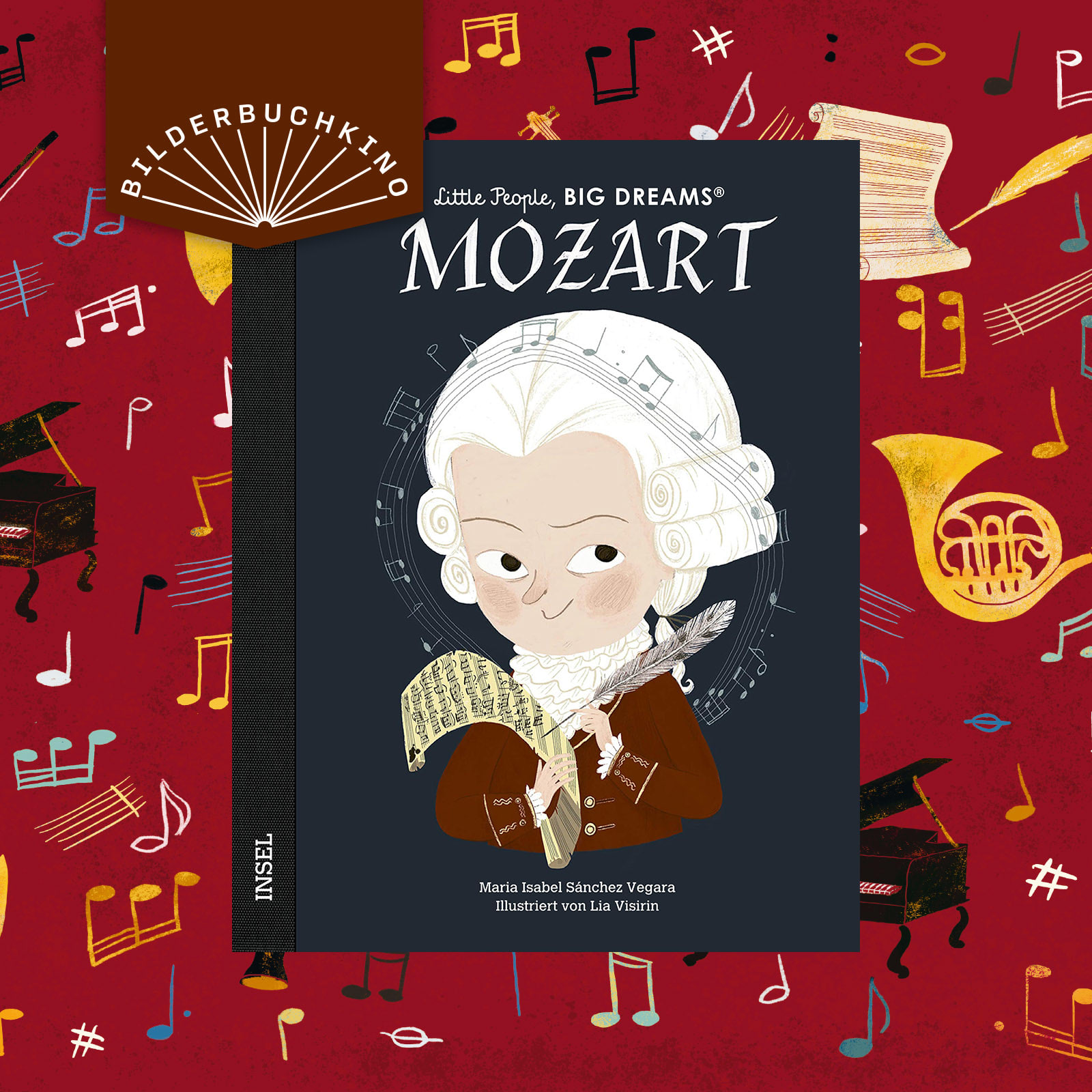Ein Vorschaubild des Bilderbuchkinos zu »Little People, BIG DREAM: Mozart« von María Isabel Sánchez Vegara. Zu sehen ist das Cover des Buchs.