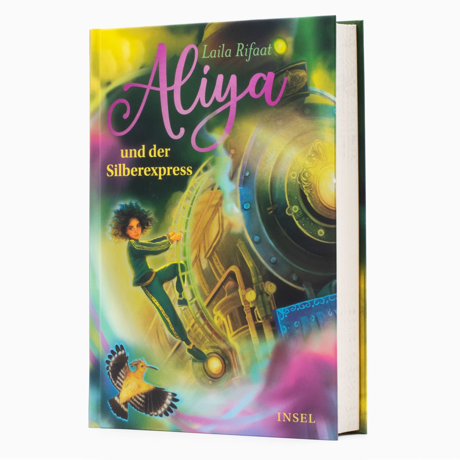 Das Buch »Aliya und der Silberexpress« von Laila Rifaat in Frontansicht. Ein Mädchen hält sich von außen an einer Lokomotive fest, die durch grünes und lila Licht zu schweben scheint. In der linken unteren Ecke fliegt ein Vogel.