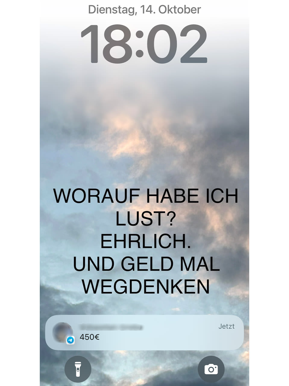 Ein Handyscreen, darauf zu lesen: »Worauf habe ich lust? Ehrlich. Und Geld mal wegdenken«, darunter die eingehende Nachricht aus einem Messenger: »450 Euro«