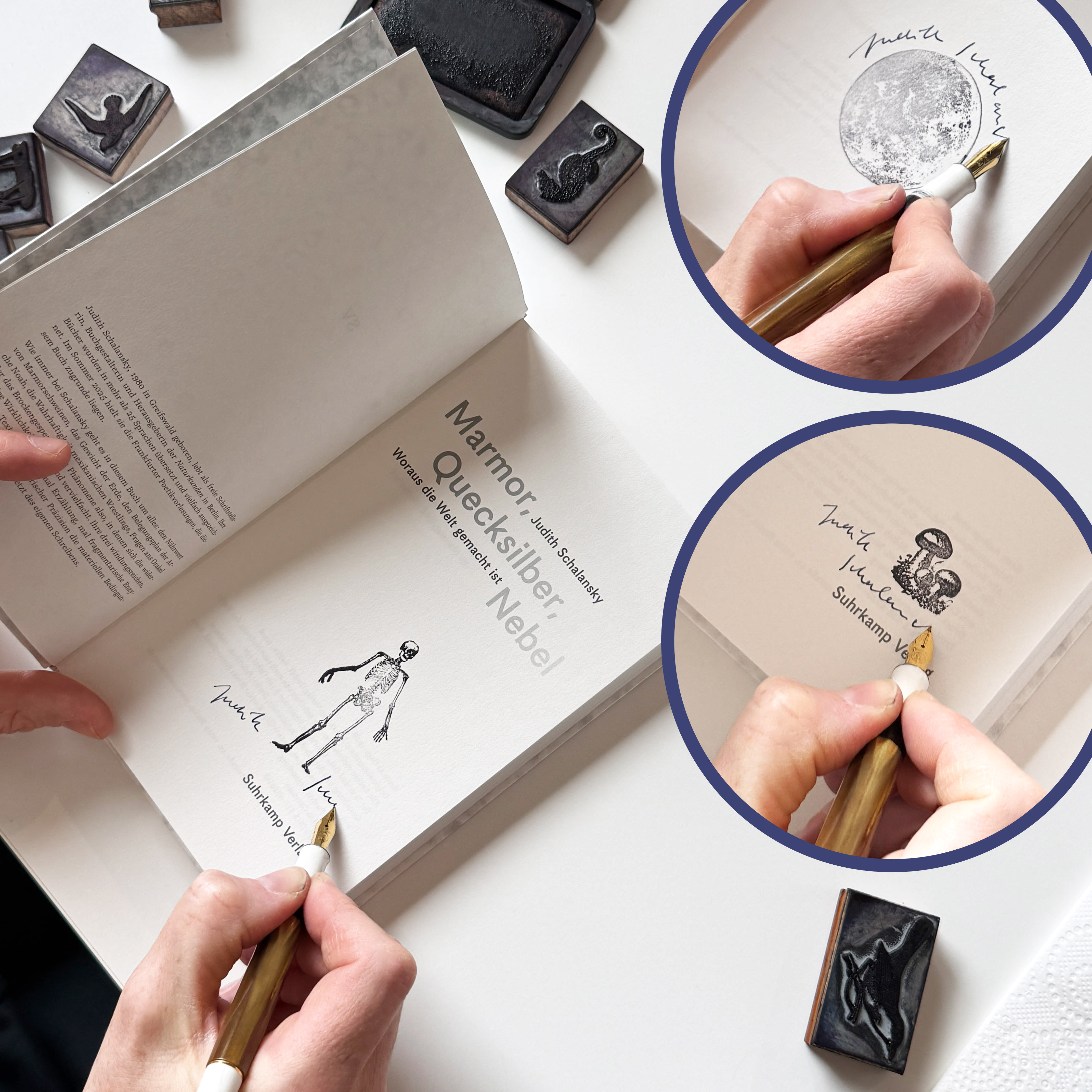 Ein aufgeschlagenes Exemplar von »Marmor, Quecksilber, Nebel« mit der Signatur der Autorin