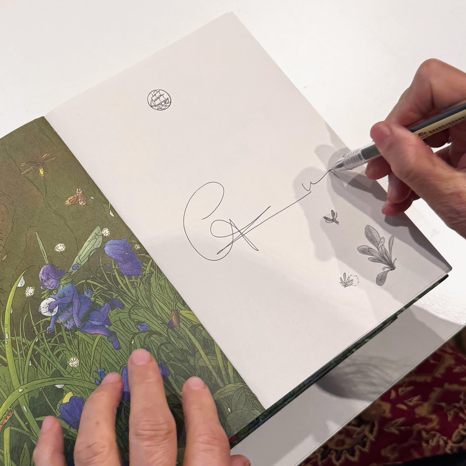 Ein Foto von einem aufgeschlagenen Buch mit der Unterschrift von Cornelia Funke.