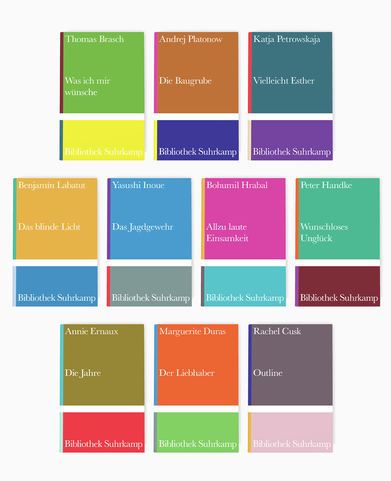 Jubiläumsausgaben der Reihe Bibliothek Suhrkamp, 10 Bücher im Design von Olaf Nicolai