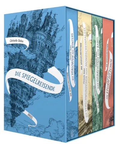 Die Spiegelreisende von Christelle Dabos, ein Schuber mit vier Büchern: Die Verlobten des Winters, Die Verschwundenen vom Mondscheinpalast, Das Gedächtnis von Babel und Im Sturm der Echos.