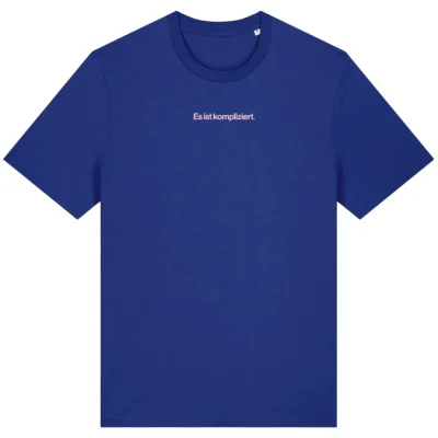 Ein blaues T-Shirt mit dem rosa Aufdruck "Es ist kompliziert."