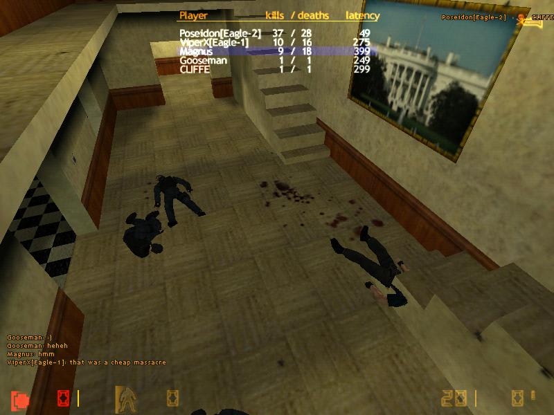 Historical early Counter-Strike playtest inside cs_mansion, with Magnus, Gooseman and Cliffe listed on the scoreboard