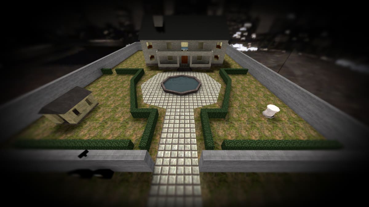 Overview of the house, pool, hedges and perimeter wall in the later CS:GO recreation of cs_mansion
