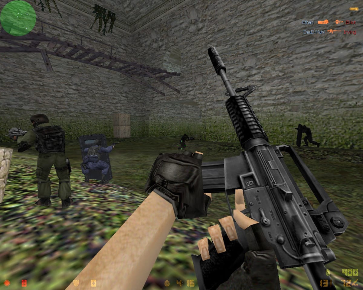 Original Counter-Strike first-person view with a rifle and the game HUD
