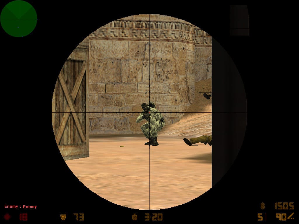 Original Counter-Strike sniper-scope view showing a player in a stone courtyard and the surrounding HUD