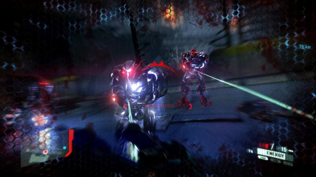 Two Ceph soldiers attack in an original Crysis 2 PC screenshot, with damage indicators and the suit HUD visible.