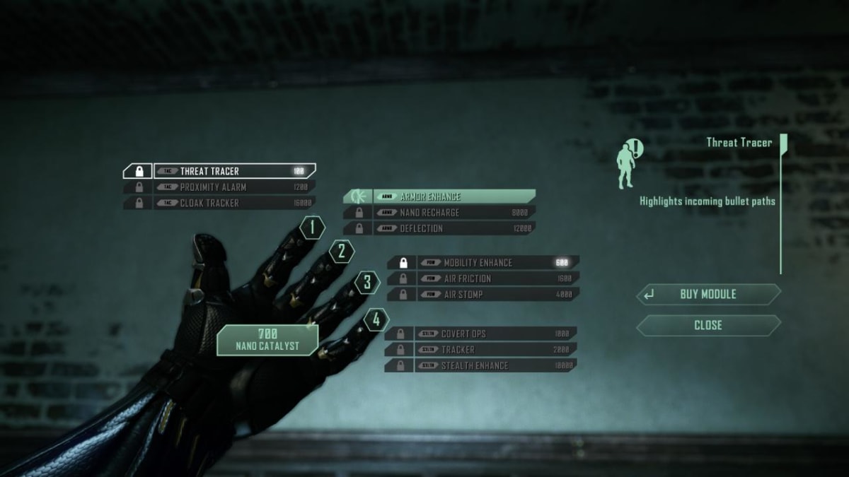 Crysis 2’s single-player upgrade menu displays twelve modules in four groups beside Alcatraz’s gloved hand, with Nano Catalyst costs.