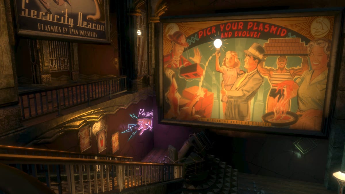 A large Pick Your Plasmid advertisement overlooks an Art Deco interior in the original BioShock.