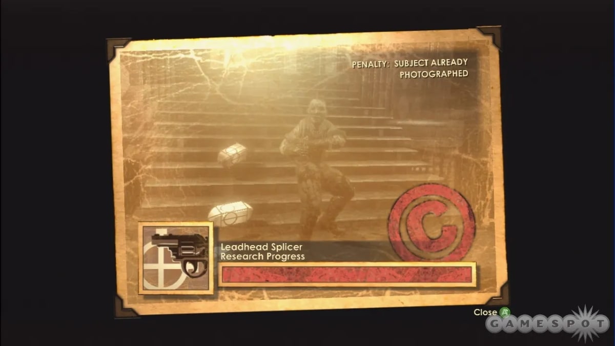 BioShock’s research-camera results screen displays a C grade, Leadhead Splicer research progress and a penalty for photographing the same subject again.