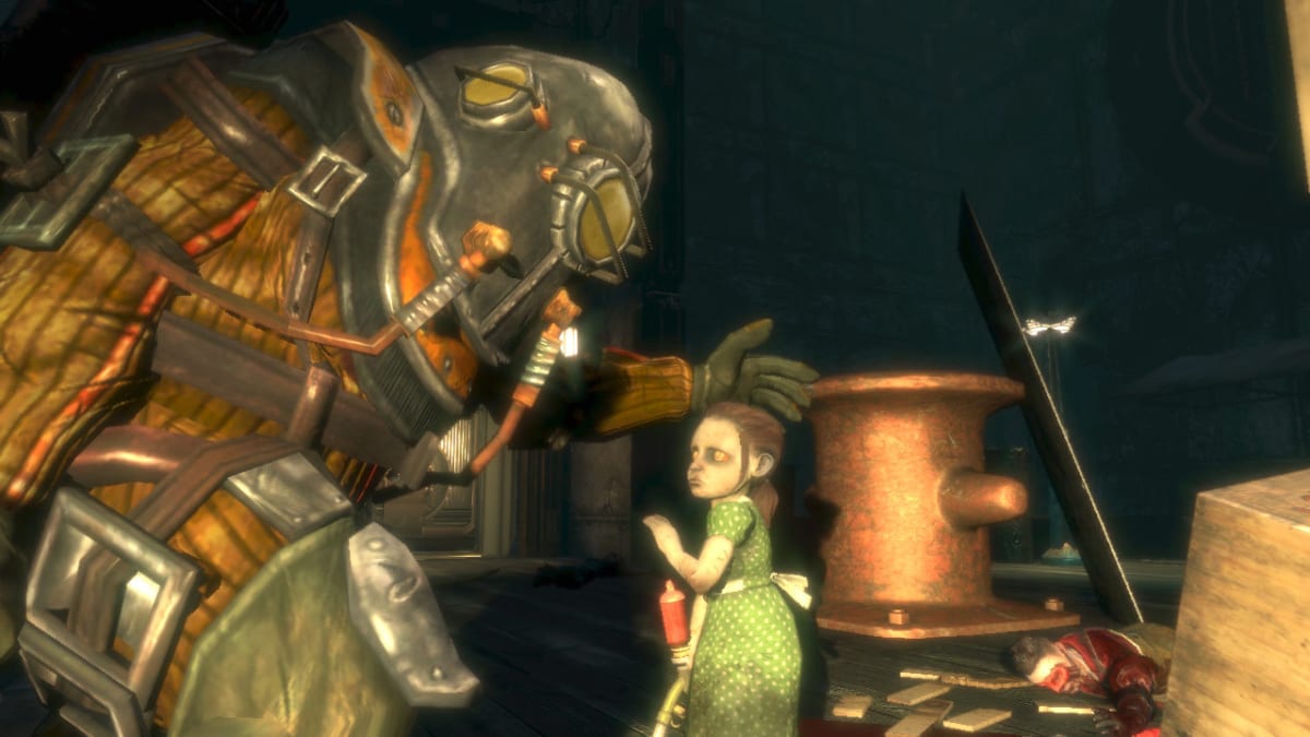 A Big Daddy stands protectively beside a Little Sister holding her ADAM-gathering syringe in the original BioShock.