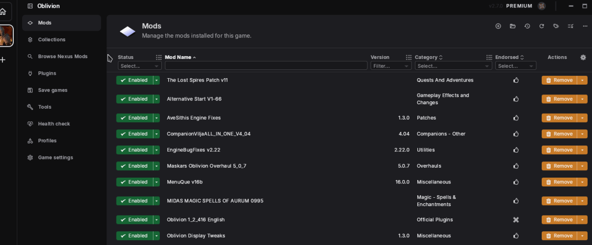 Kiba’s Vortex mod list shows enabled quest, companion and engine mods, including Maskar’s Oblivion Overhaul, MenuQue and Oblivion Display Tweaks.