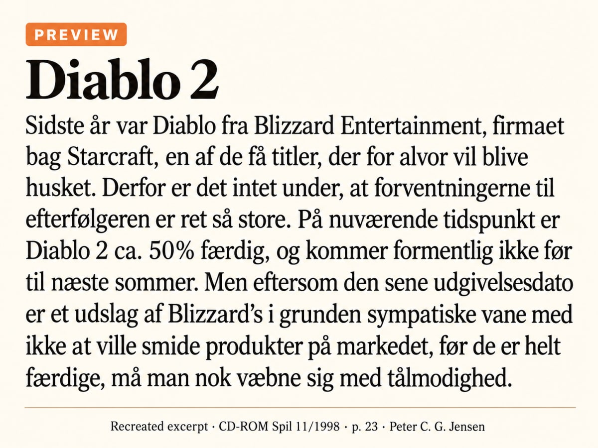 Recreated Danish opening of the Diablo II preview, including its fifty-percent estimate and release forecast