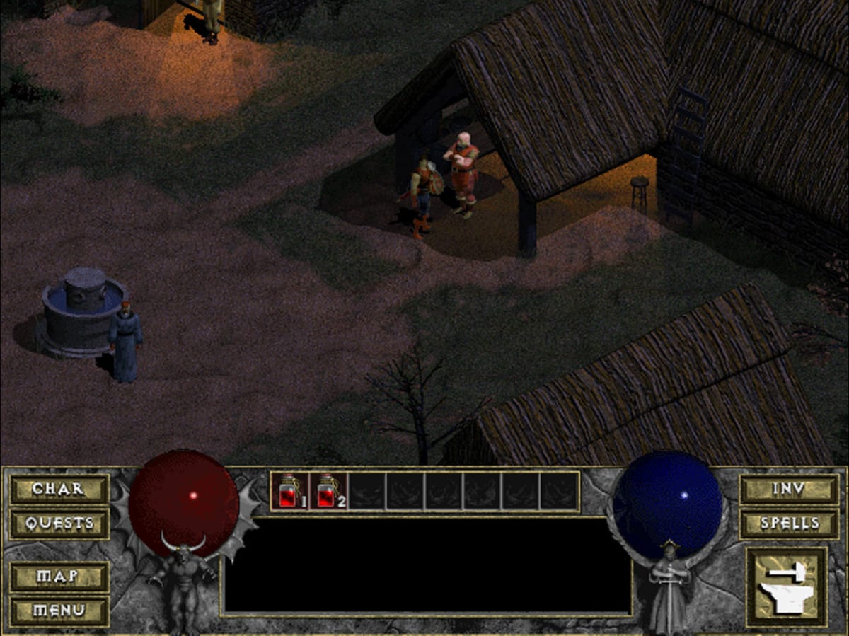 The player character beside the blacksmith in Tristram in the original Diablo